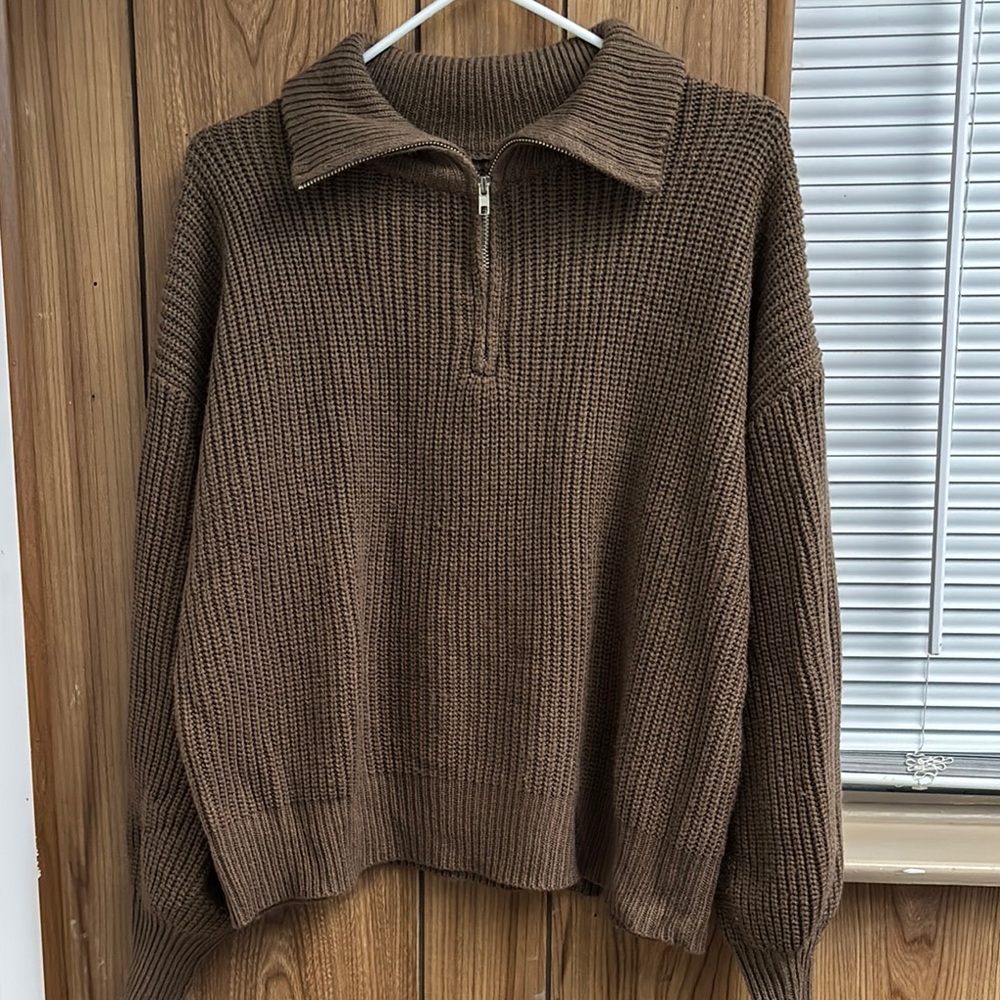 Brown Knit Half-Zip Sweater